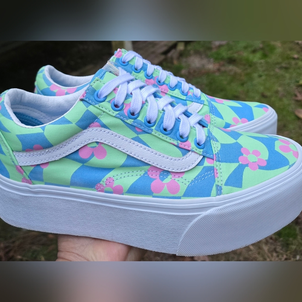 Unisex Sz 7.5 Men's/9.0 Women's VANS OLD SKOOL STACKED CHECKERED FLORAL Platform - Picture 3 of 7